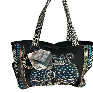 Laurel Burch Tote Bag 15 Inch Spotted Cats Canvas Black Colorful Tribal Boho NWT
